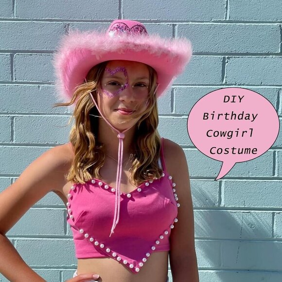 Pink Feathers Cowboy Hat and Heart Sunglasses Set for Women Bachelorette Party
